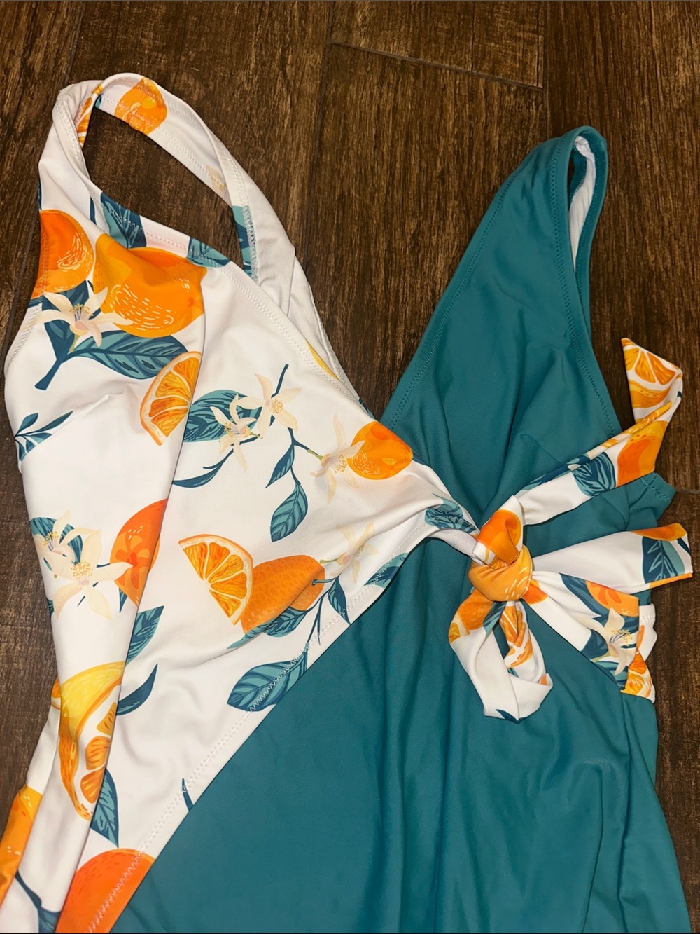 Teal & Citrus Print One-Piece Swimsuit XL Cutout Tie Front - Picture 2 of 4